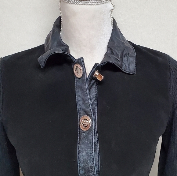 Vintage Retro Y2K Escapades Black Suede Leather Ribbed Sweater Turnlock Jacket M - Picture 5 of 13